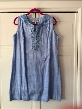 Bella Tu Light Blue Embroidered Sleeveless Linen Dress-size XL